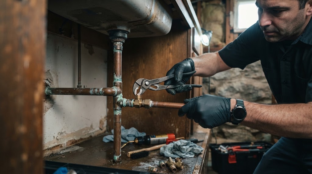 burst pipe repair technician fitting replacement pipe