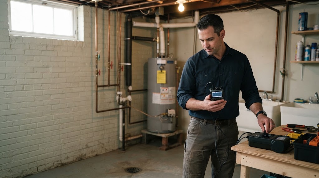 technician detecting slab leak with electronic listening device